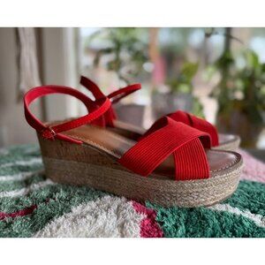 Fergalicious Wedges Womens 8.5M Pardy Red Orange Woven Cork Platform Espadrilles